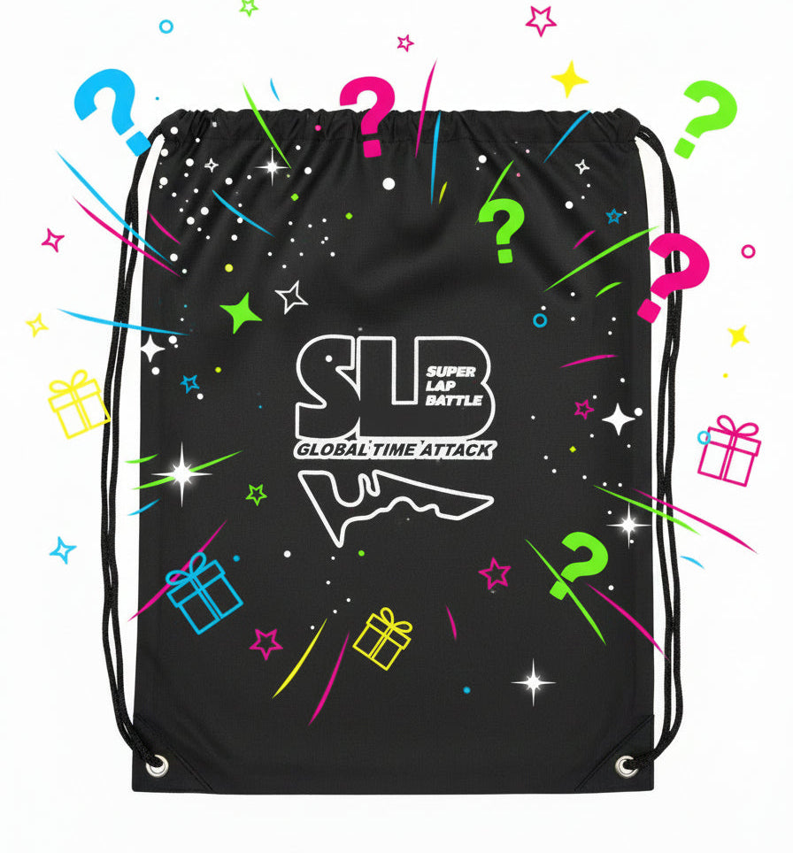 Black drawstring bag with colorful graphics and text on a white background