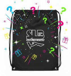 Black drawstring bag with colorful graphics and text on a white background