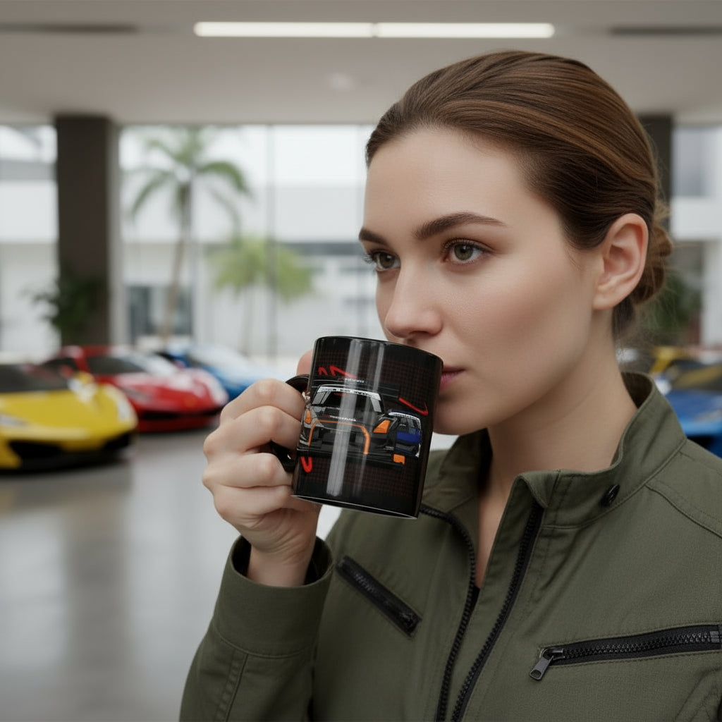 lady holding Black coffee mug with racing car design in a car dealership
