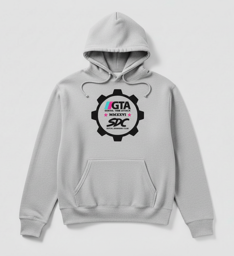 Gray hoodie with a logo on a light gray background