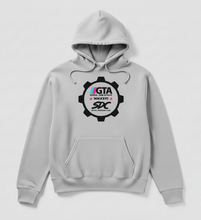 Load image into Gallery viewer, Gray hoodie with a logo on a light gray background