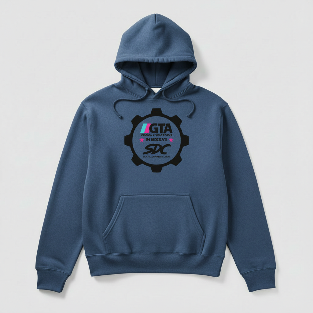 Blue hoodie with a logo on a light gray background