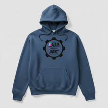 Load image into Gallery viewer, Blue hoodie with a logo on a light gray background