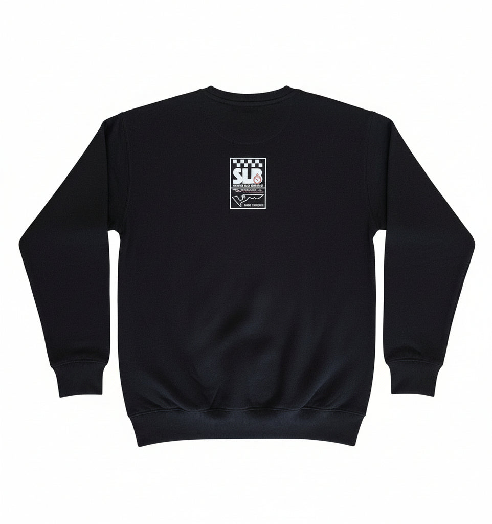 Black sweatshirt with a logo on the back top against white background 