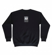 Load image into Gallery viewer, Black sweatshirt with a logo on the back top against white background 