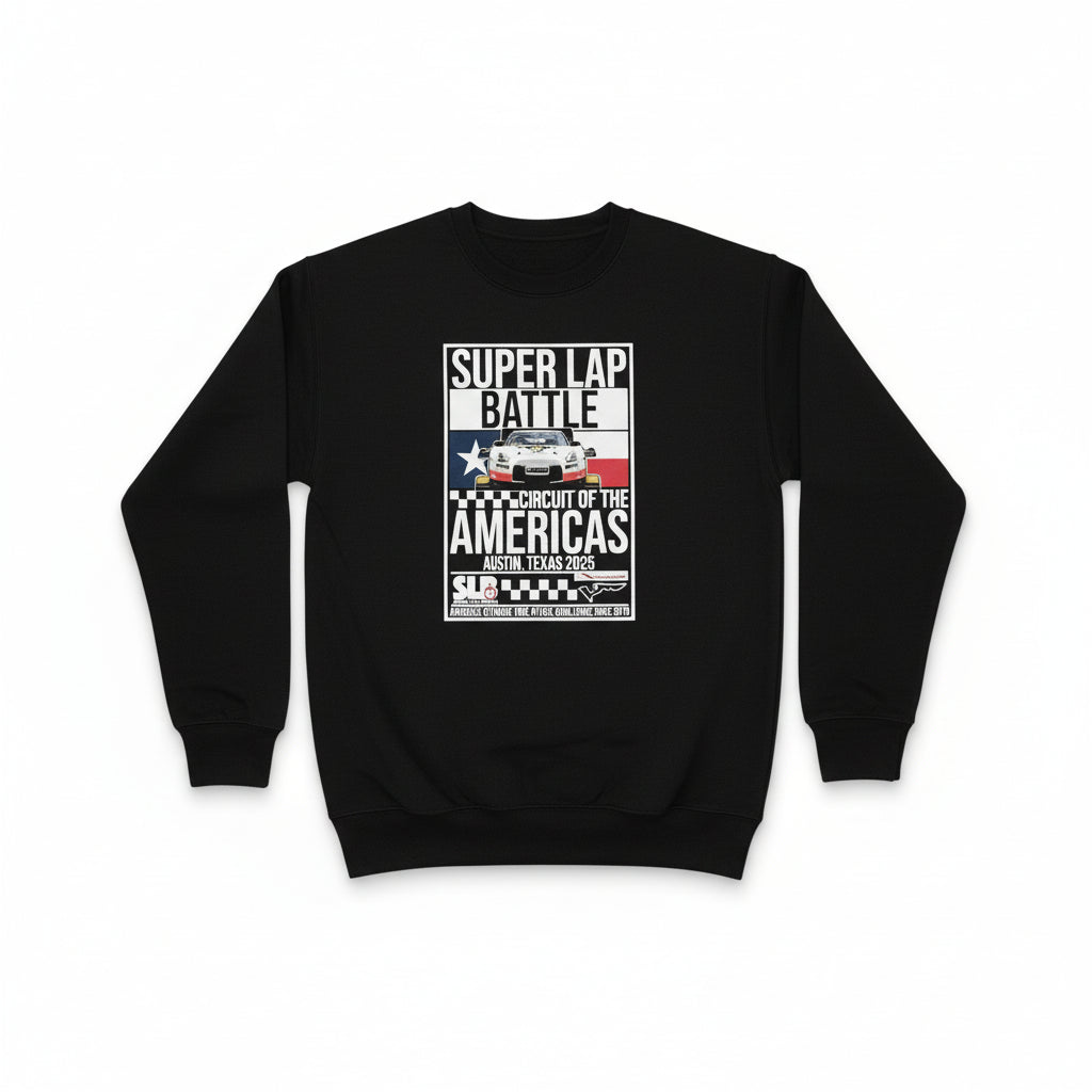 Black sweatshirt with graphic design on front Super Lap Battle 2025 