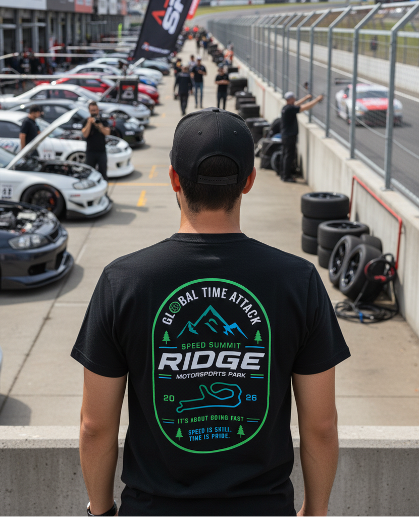 man with shirt on at a car race showing. TheRidge GTA Race 2026 event shirt artwork back