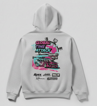 Load image into Gallery viewer, Gray hoodie with colorful graphic design on the back against a light gray background
