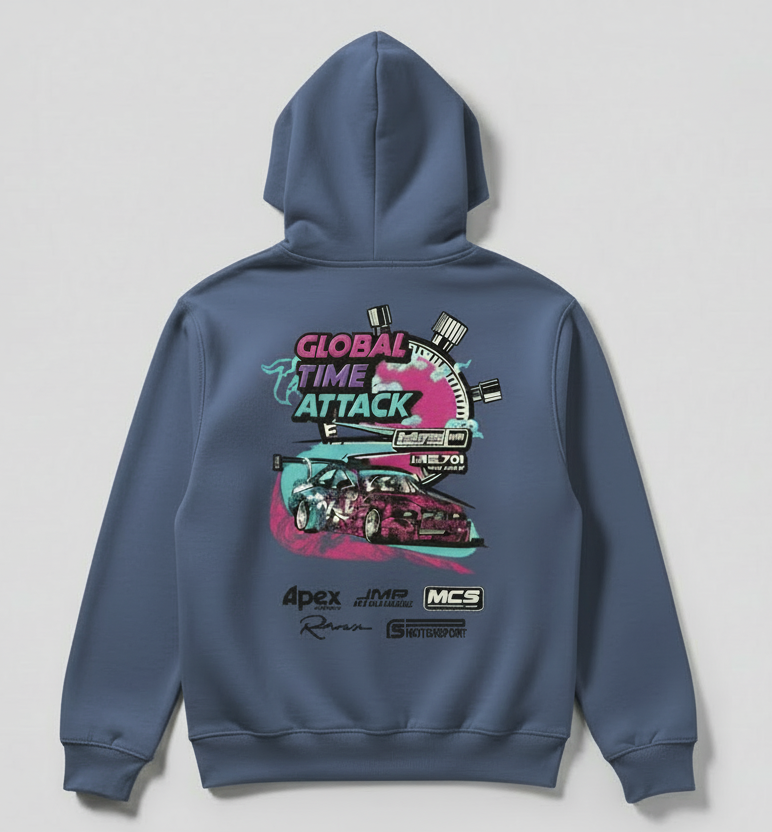 Blue hoodie with a colorful graphic design on the back against a light gray background