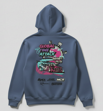 Load image into Gallery viewer, Blue hoodie with a colorful graphic design on the back against a light gray background