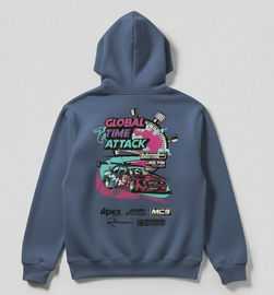 Blue hoodie with a colorful graphic design on the back against a light gray background