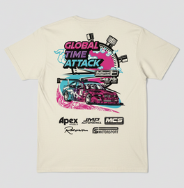 Cream t-shirt with colorful graphic design featuring a car and text 