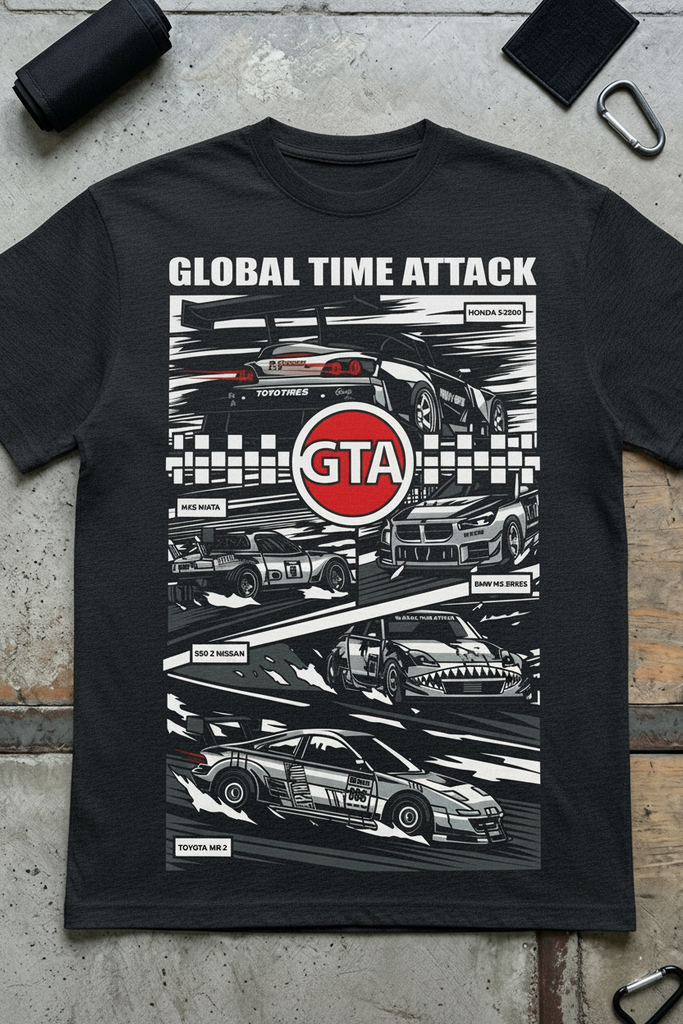 Black t-shirt with 'Global Time Attack' graphic design featuring race cars on a concrete surface.