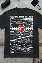 Load image into Gallery viewer, Black t-shirt with 'Global Time Attack' graphic design featuring race cars on a concrete surface.