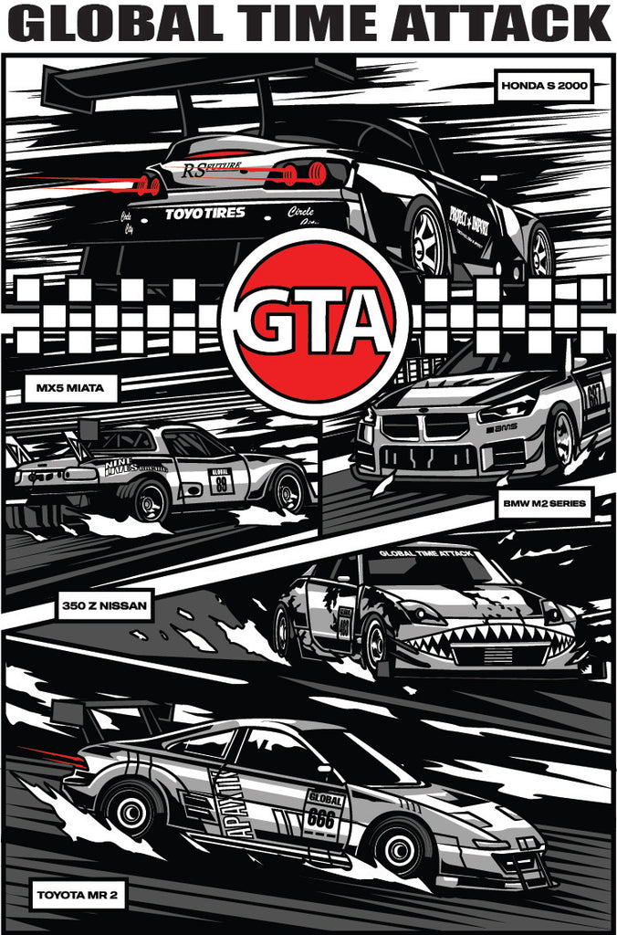Illustration of racing cars with GTA logo in the center