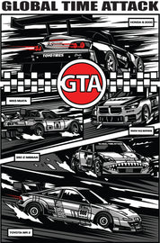 Illustration of racing cars with GTA logo in the center