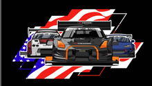 Load image into Gallery viewer, Race car design with American flag and Yokohama branding on a black background