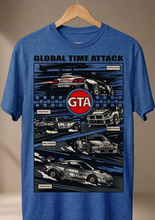Load image into Gallery viewer, Blue t-shirt with car graphics and 'GTA' logo on a hanger against a neutral background