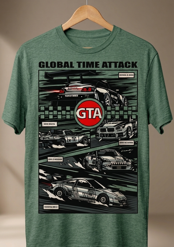 Green t-shirt with car graphic and GTA logo on a hanger against a beige background
