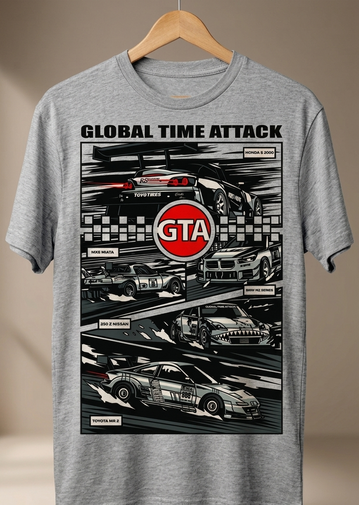 Gray t-shirt with a graphic design of a car and 'GTA' logo on a hanger against a brown background