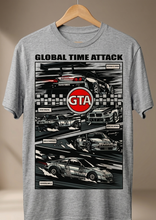 Load image into Gallery viewer, Gray t-shirt with a graphic design of a car and 'GTA' logo on a hanger against a brown background