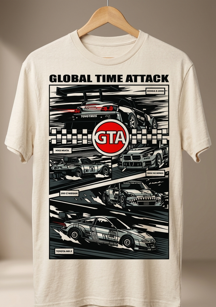 T-shirt with 'Global Time Attack' and GTA logo design on a hanger against a neutral background