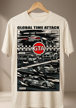 Load image into Gallery viewer, T-shirt with 'Global Time Attack' and GTA logo design on a hanger against a neutral background