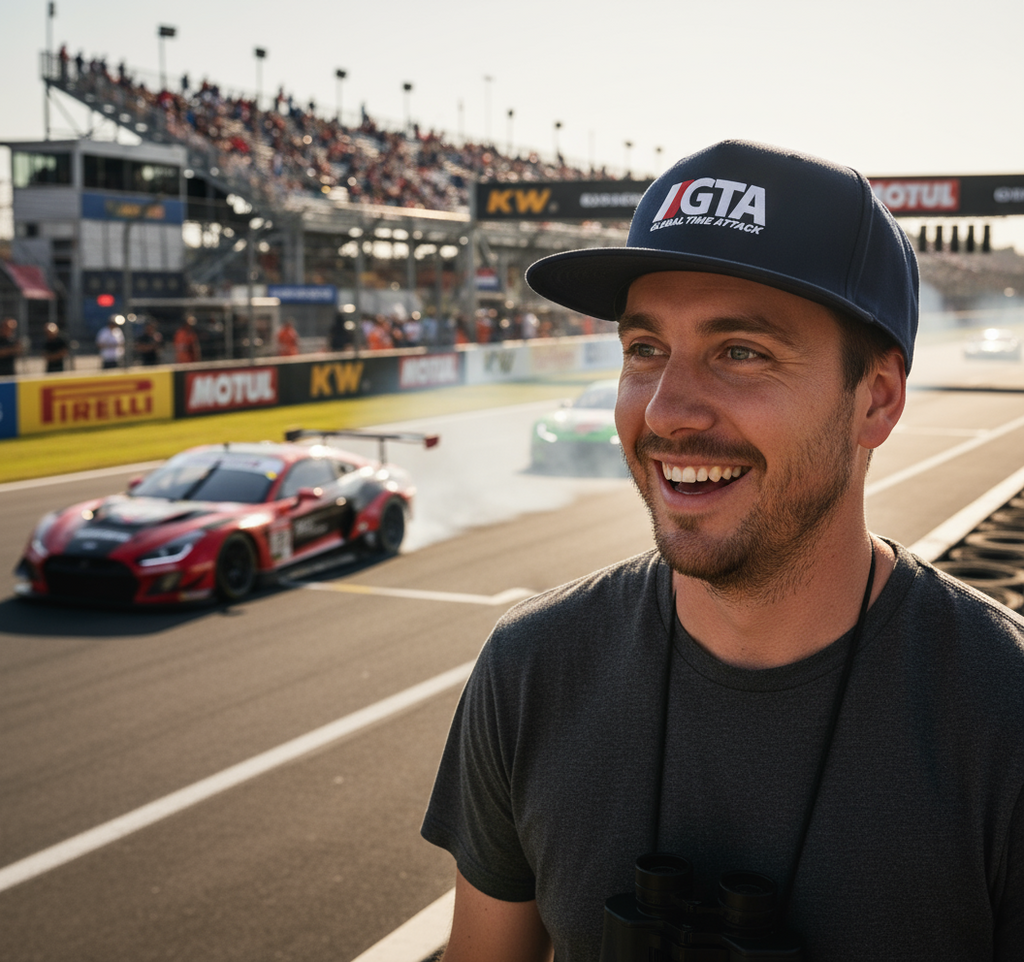 Man wearing a cap with 'GTA' logo on a race track with racing cars and spectators in the background.