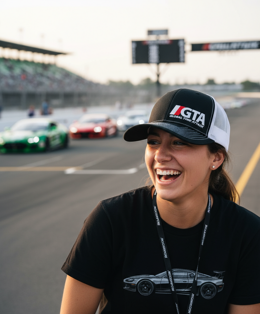 GTA logo  Trucker cap in black & White female fan 