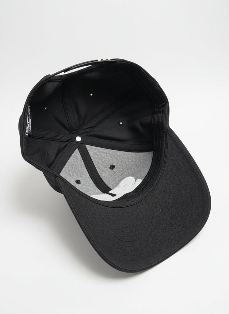 SLB classic black hat with white logo bottom side view 