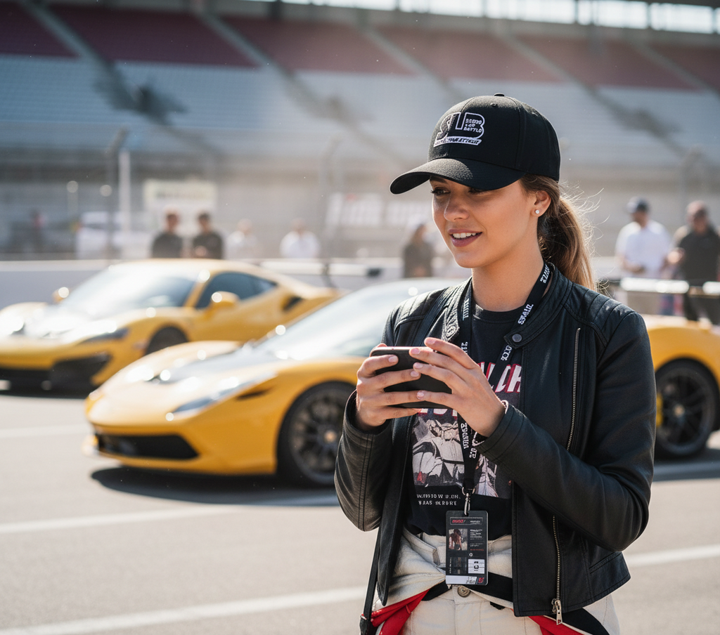 lady wearing SLB classic hat black with white SLB embroider logo yellow sports cars in background