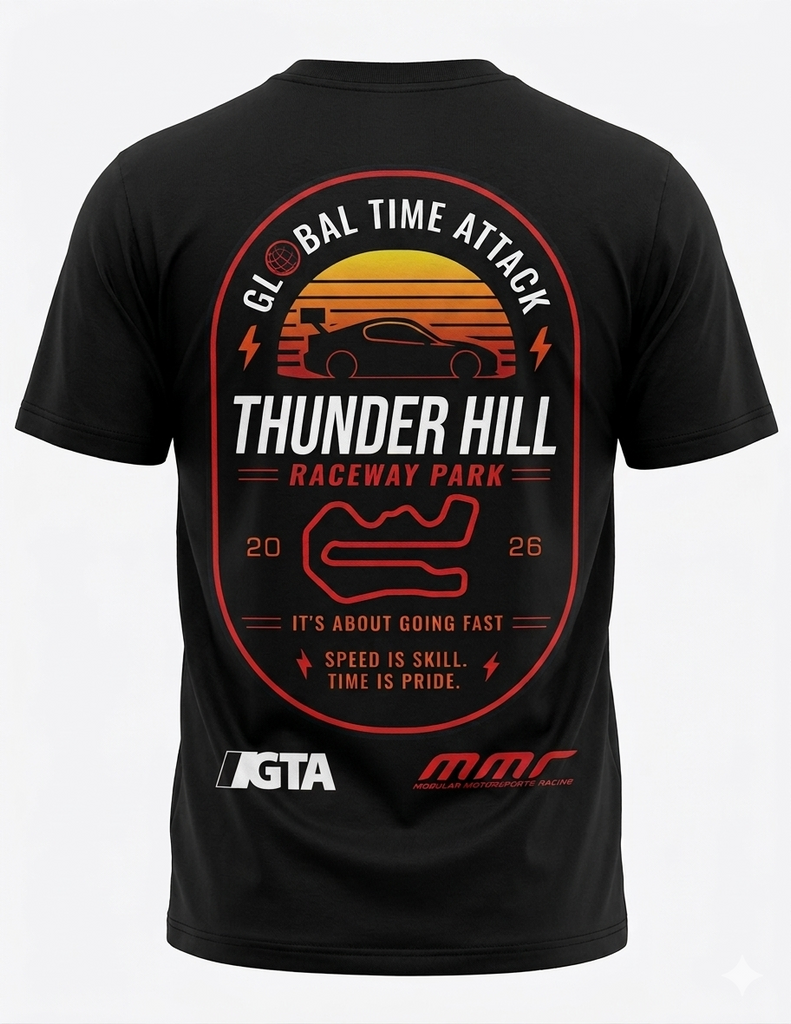 Black t-shirt with red and white graphic design on the back, featuring text and logos.
