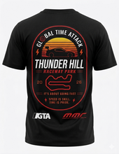 Load image into Gallery viewer, Black t-shirt with red and white graphic design on the back, featuring text and logos.