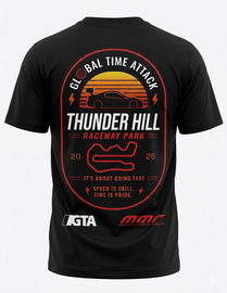 Black t-shirt with red and white graphic design on the back, featuring text and logos.