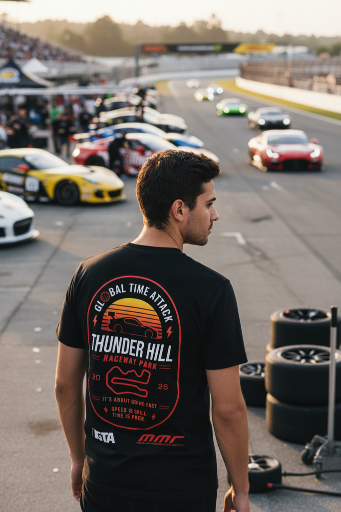 Man wearing a black t-shirt with racing graphics at a race track.